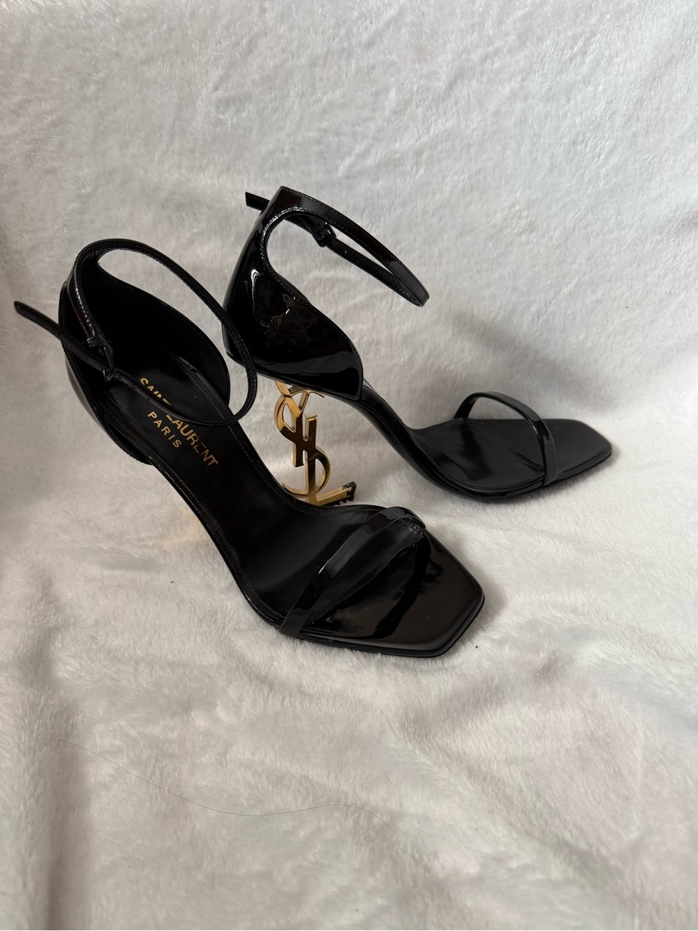 Yves Saint Laurent Black Patent Opyum Heel Sandals with Gold Logo